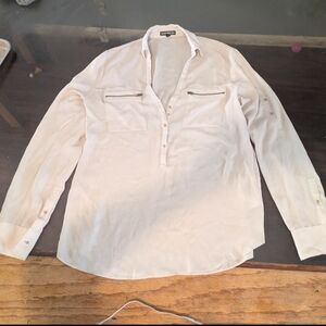 Express Men's White Long-Sleeve Button Popover Shirt